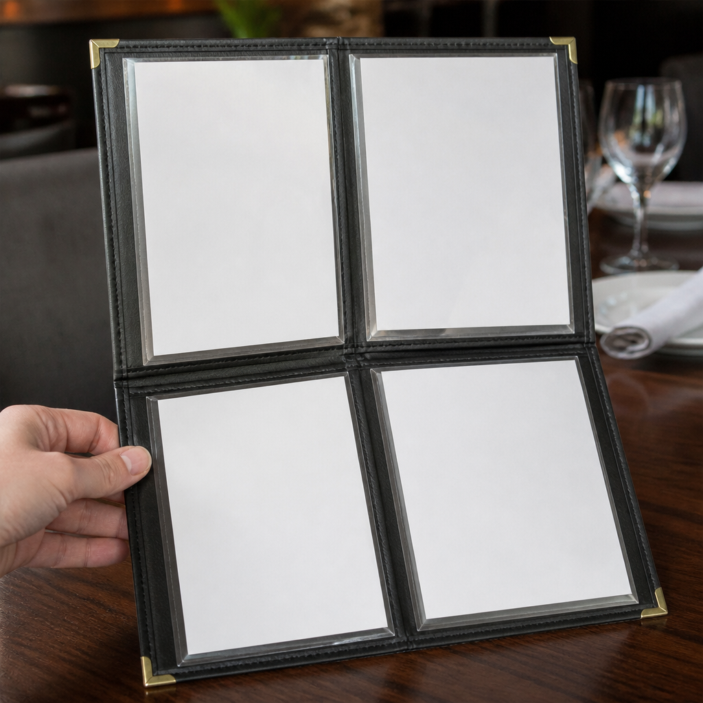 Black faux leather menu cover with 4 sheet display