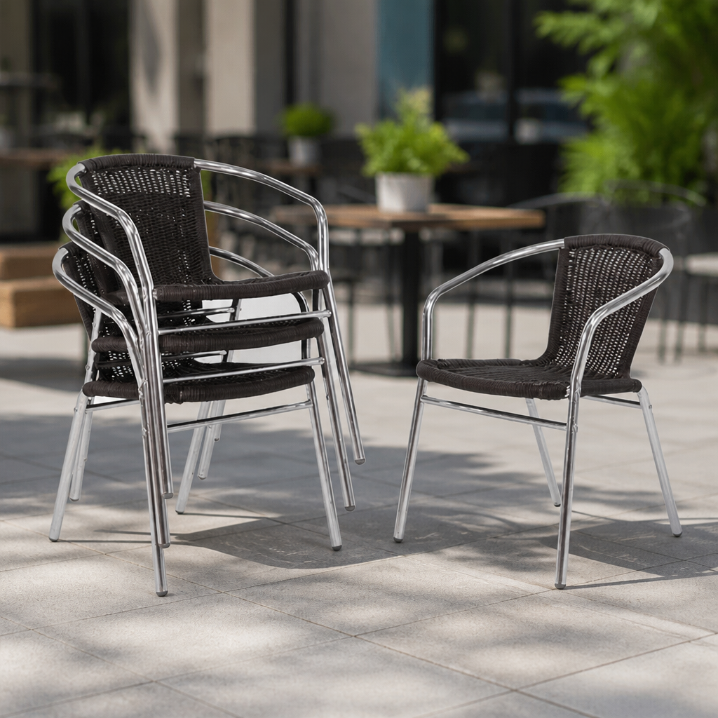 Commercial Outdoor Wicker Chairs Black - 4 Pack Stackable Seating