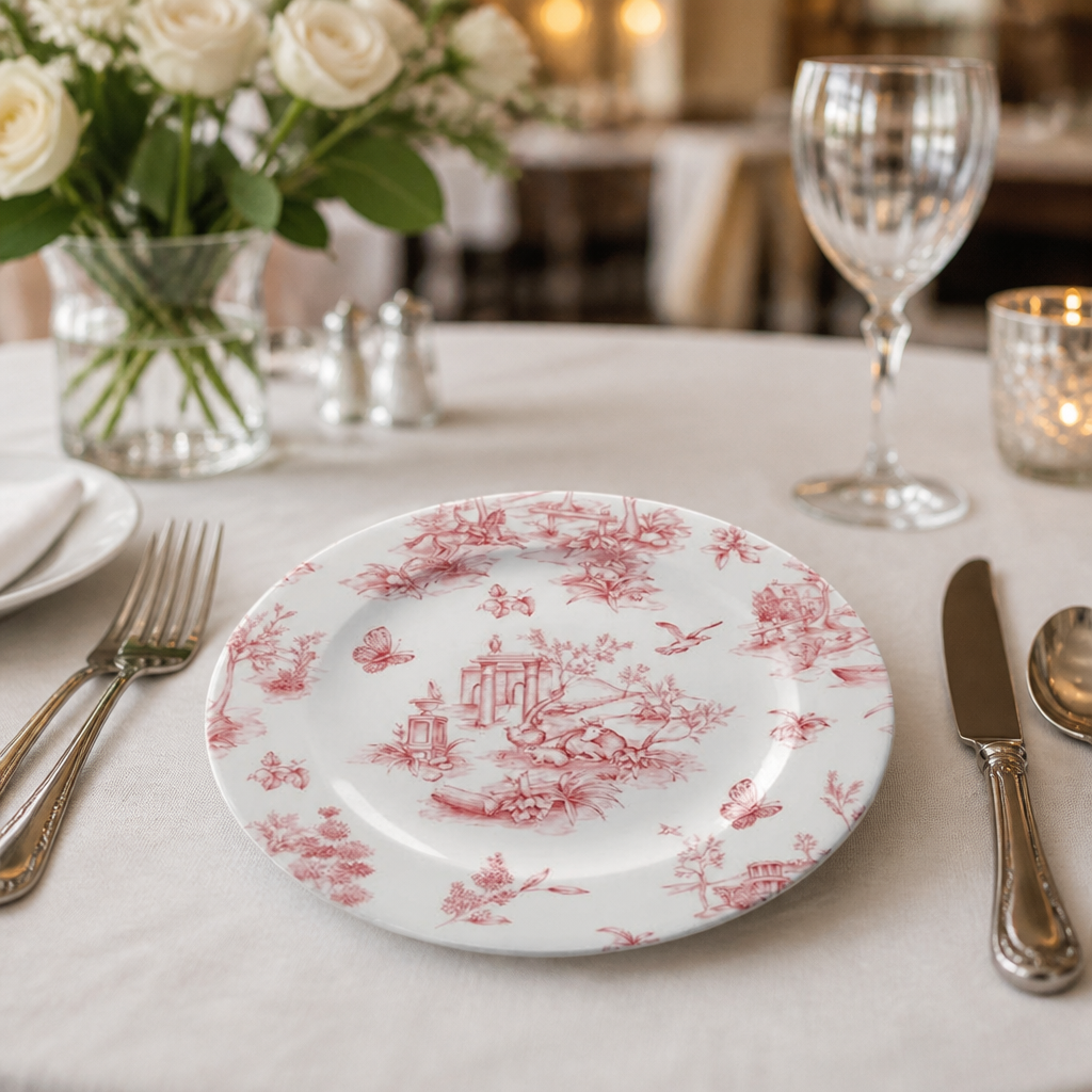 Commercial Tea Plates in Cranberry Toile Print, 210mm, 6 Pack
