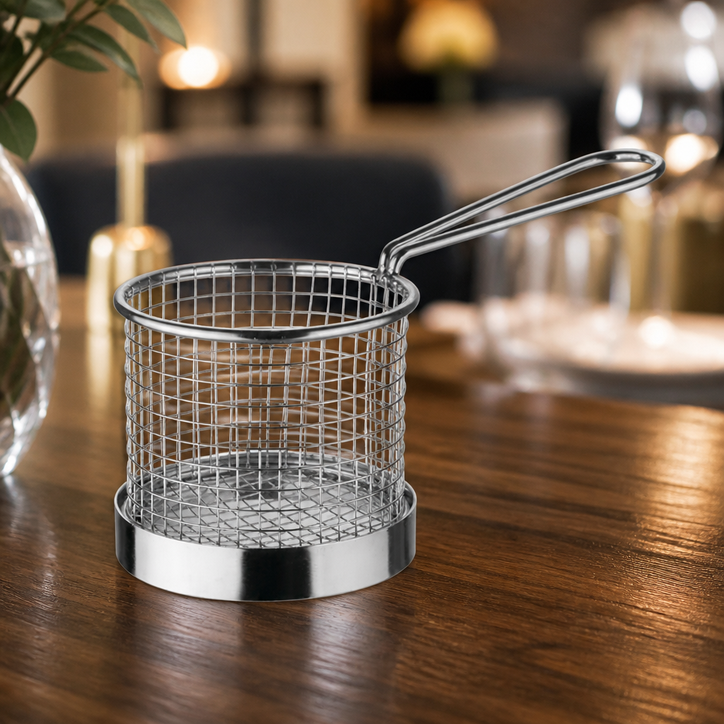 95mm Round Commercial Chip Basket with Handle for Serving