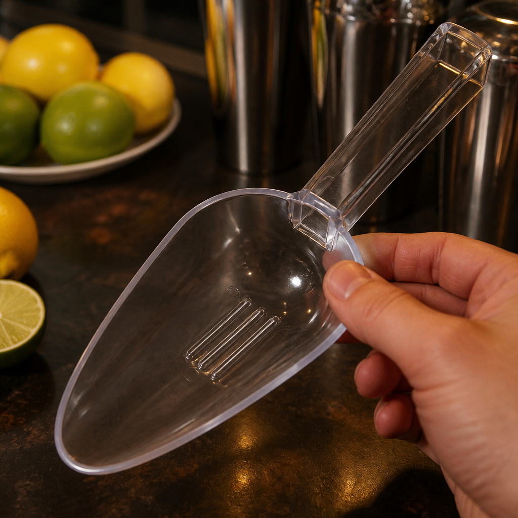 7oz Clear Plastic Ice Drainer Scoop for commercial use