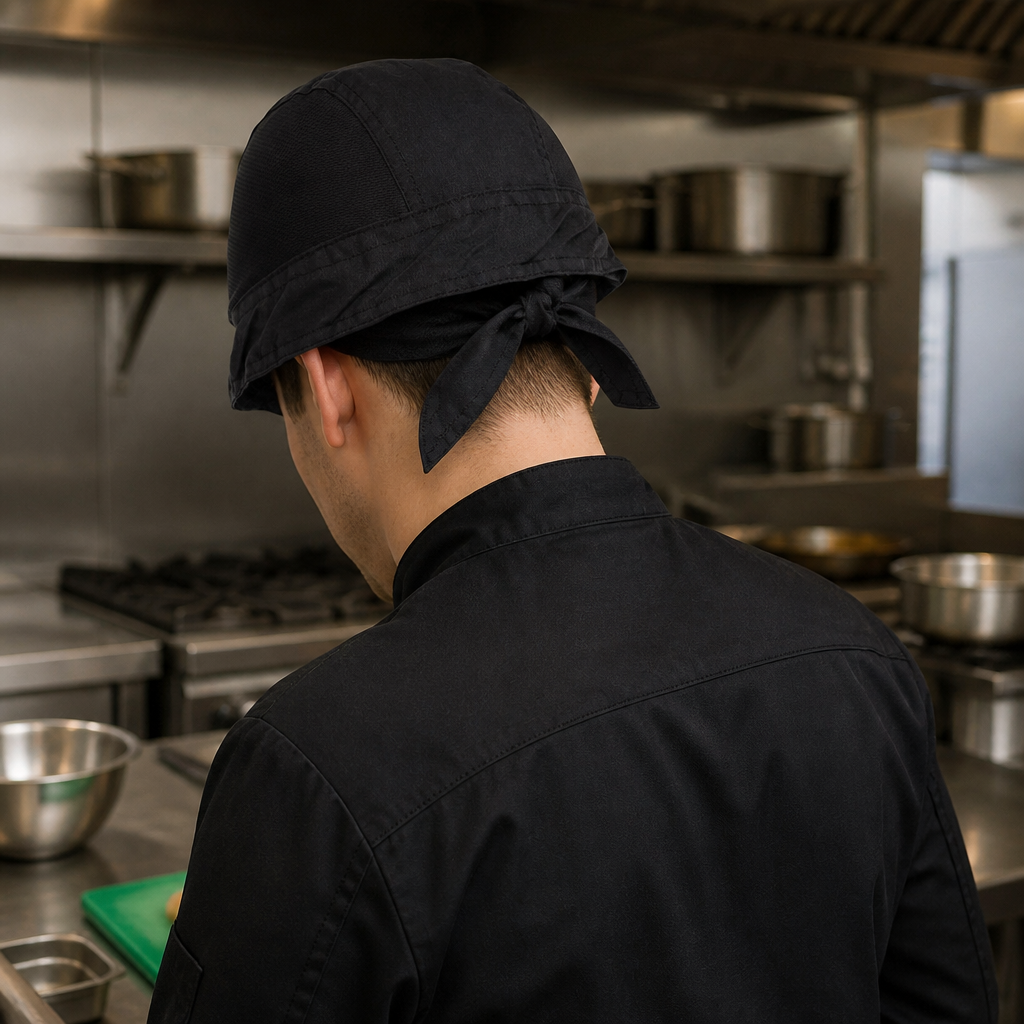 Commercial adjustable black bandana headwear for chefs