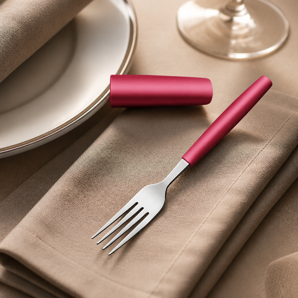 Pack of 12 commercial table forks with red handles, 204mm length