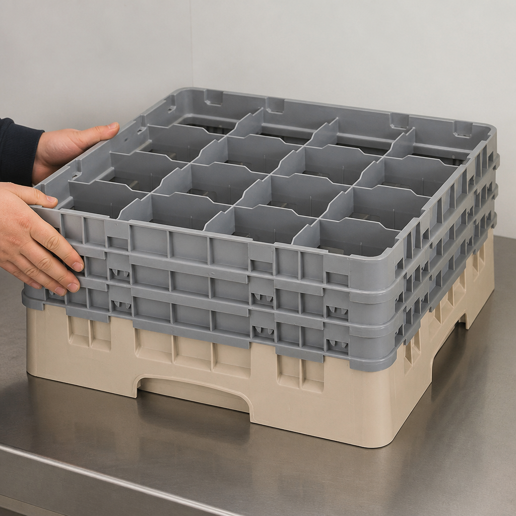 Commercial Glass Rack with 16 compartments, max height 196mm, beige