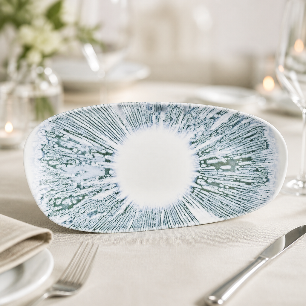 Commercial Ceramic Oblong Plates Blue 350x150mm 12 Pack