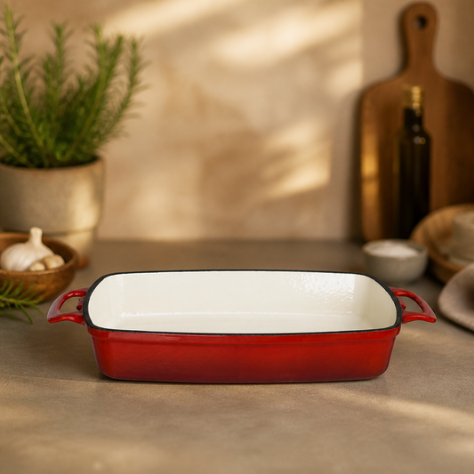 Commercial Cast Iron Gratin Dish 2.8L Red Enamelled Interior