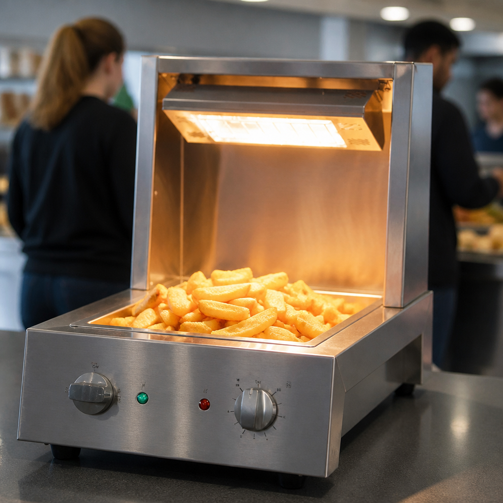 Commercial chip warmer with sloping tray for fries