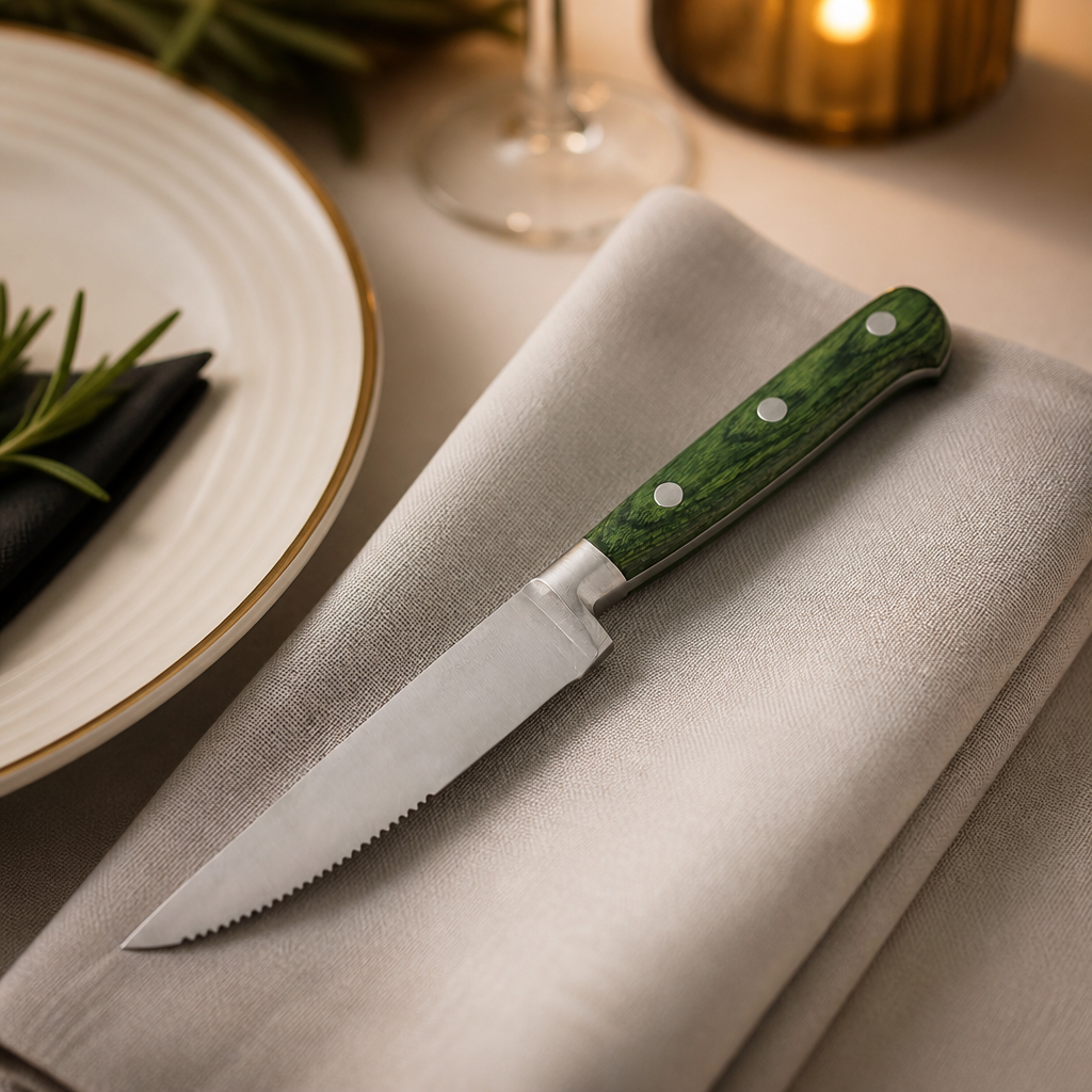 Pack of 6 commercial steak knives with green handles 258mm