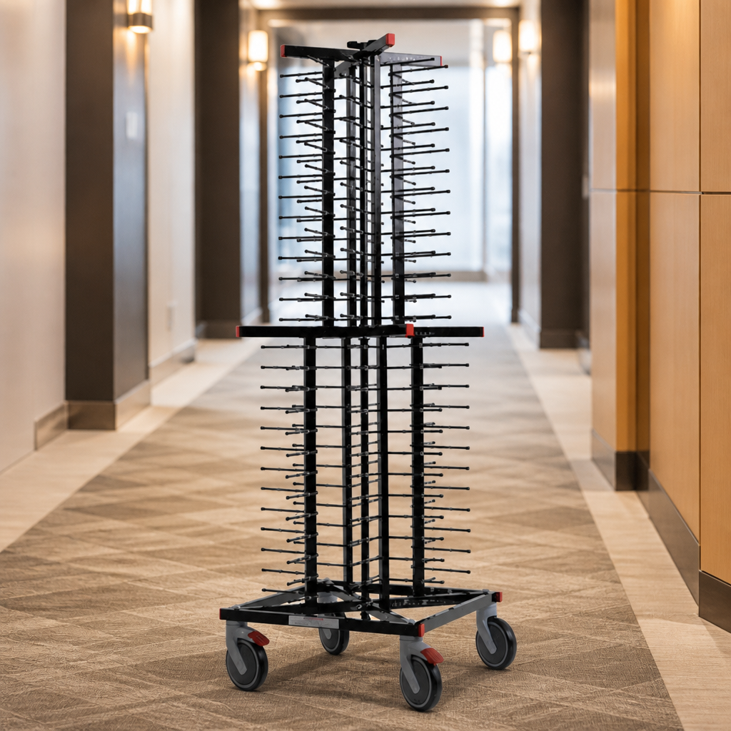 Commercial mobile plate rack for 104 plates with swivel wheels