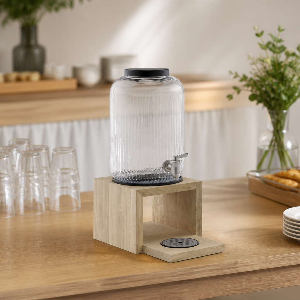 3.8L Commercial Beverage Dispenser with Oak Base and Glass Container