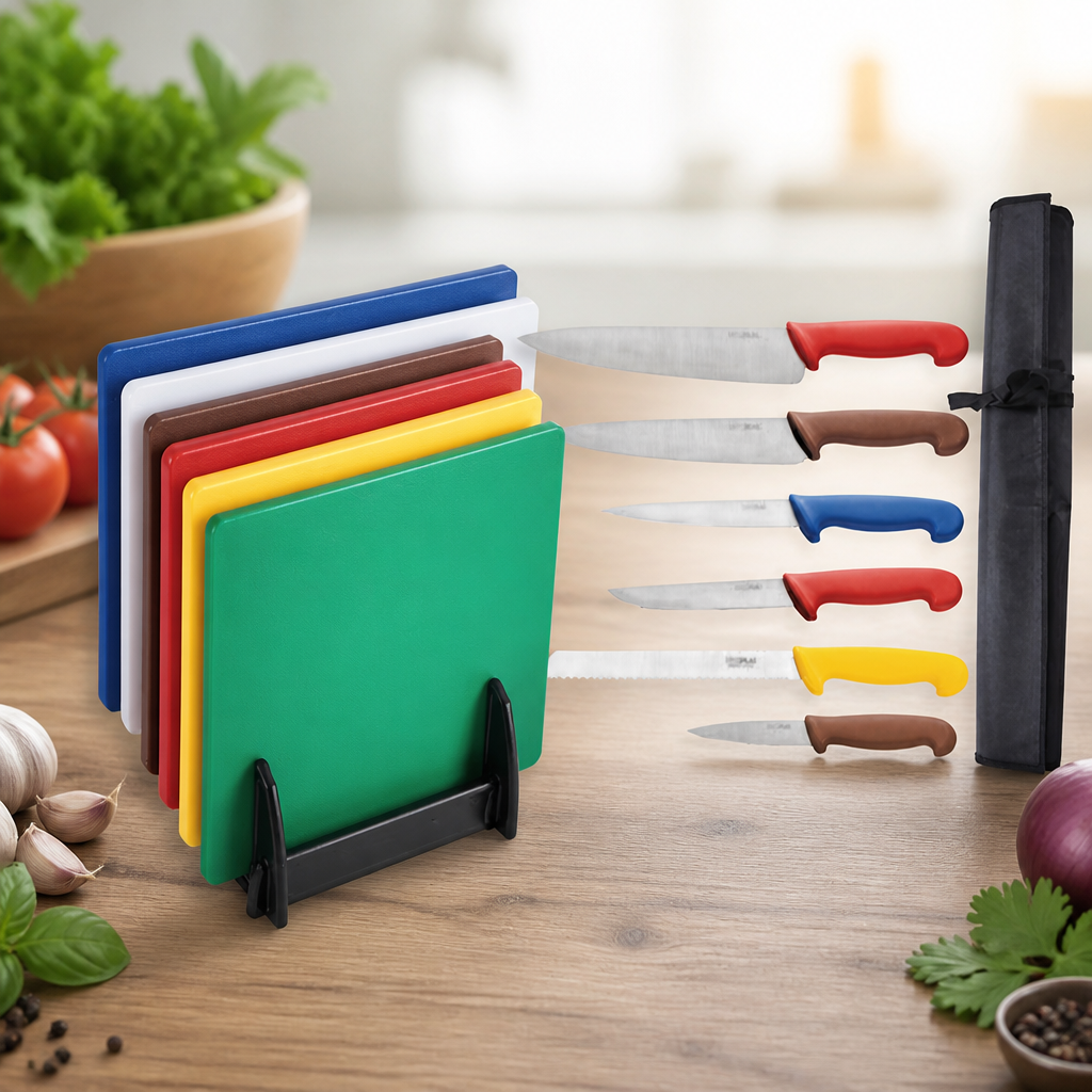 Colour coded chopping boards and knives set for commercial kitchens