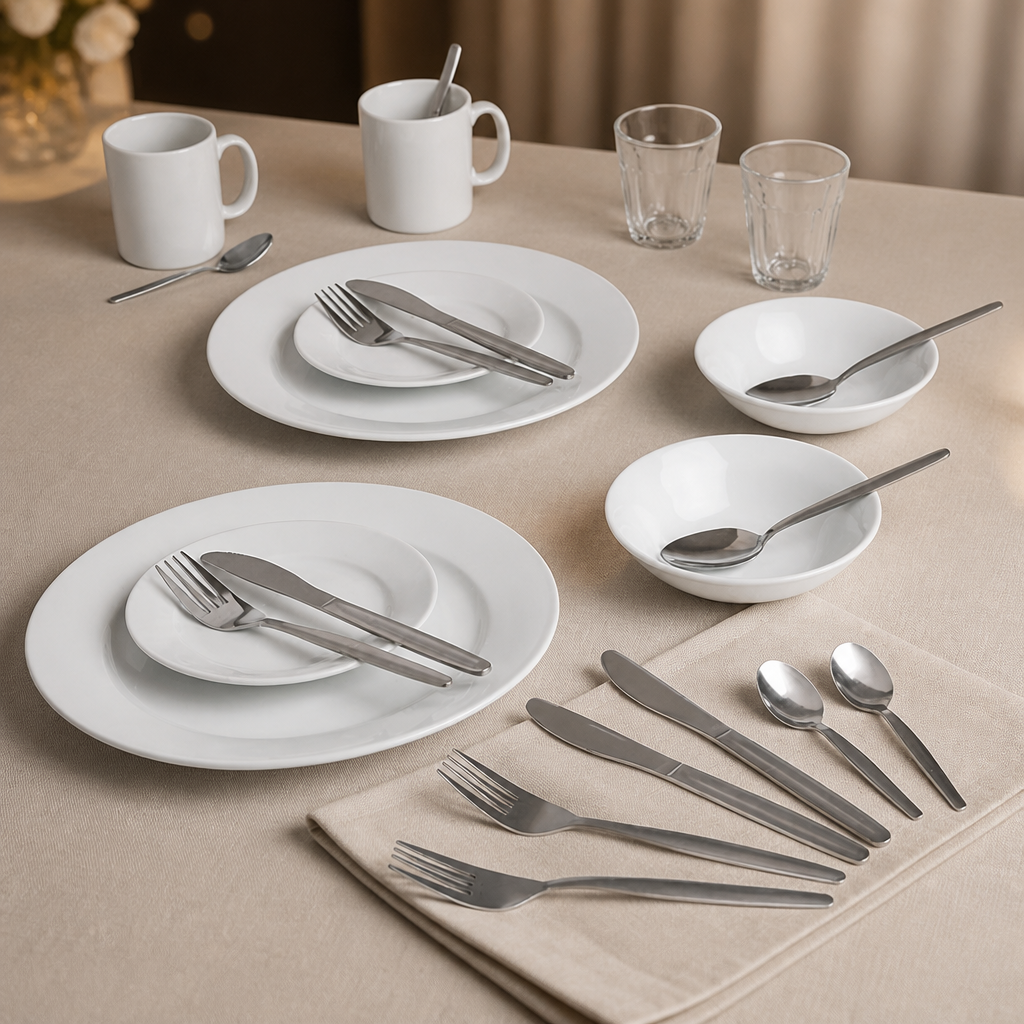 Student Accommodation Crockery and Cutlery Set for 4 place settings
