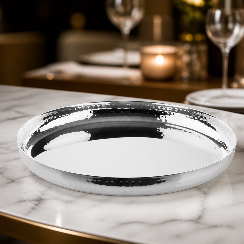 Commercial Hammered Stainless Steel Round Serving Tray 320mm