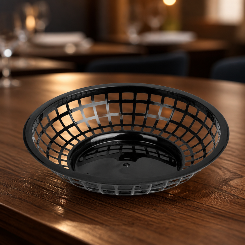 Commercial round food baskets black 200x50mm 6 pack