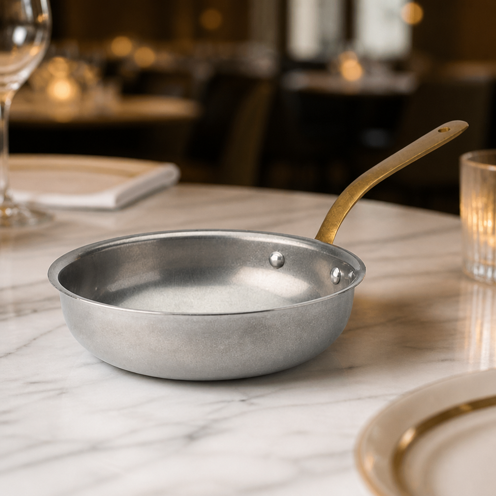 Set of six vintage steel mini frying pans 270mm