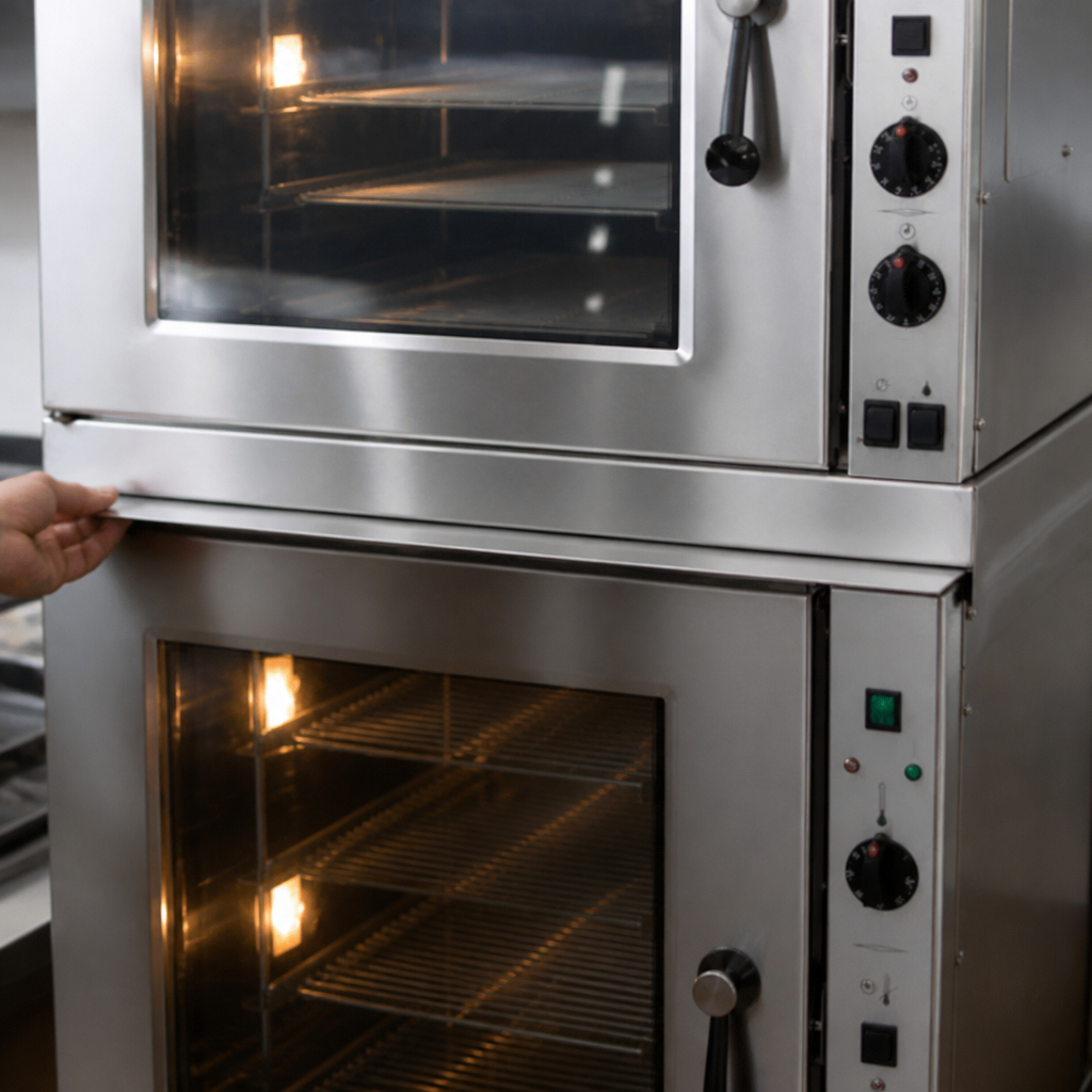 Commercial stacking kit for convection ovens to maximise kitchen space