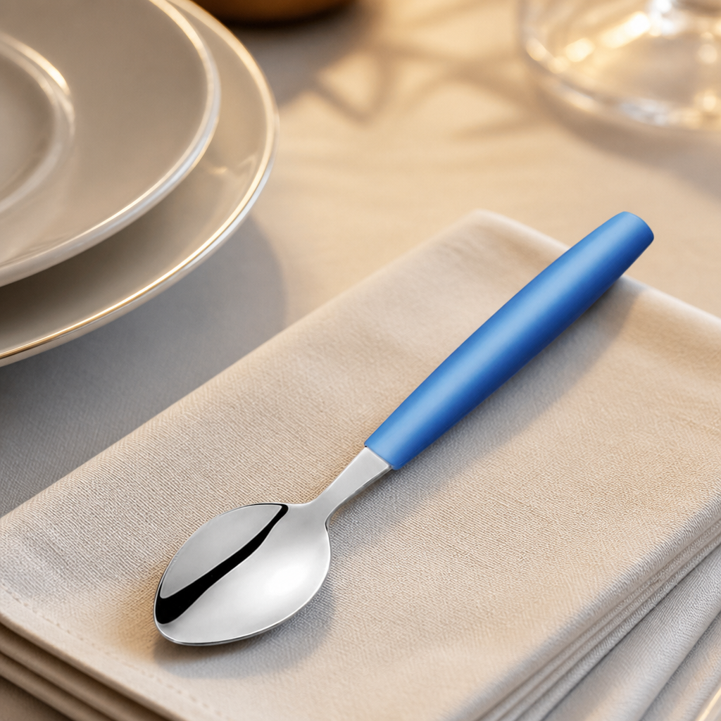 Pack of 12 medium teaspoons with blue handles