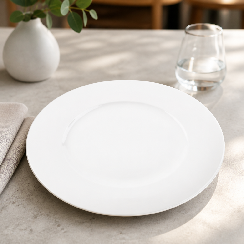 Commercial Wide Rim Bone China Flat Profile Plate 335mm