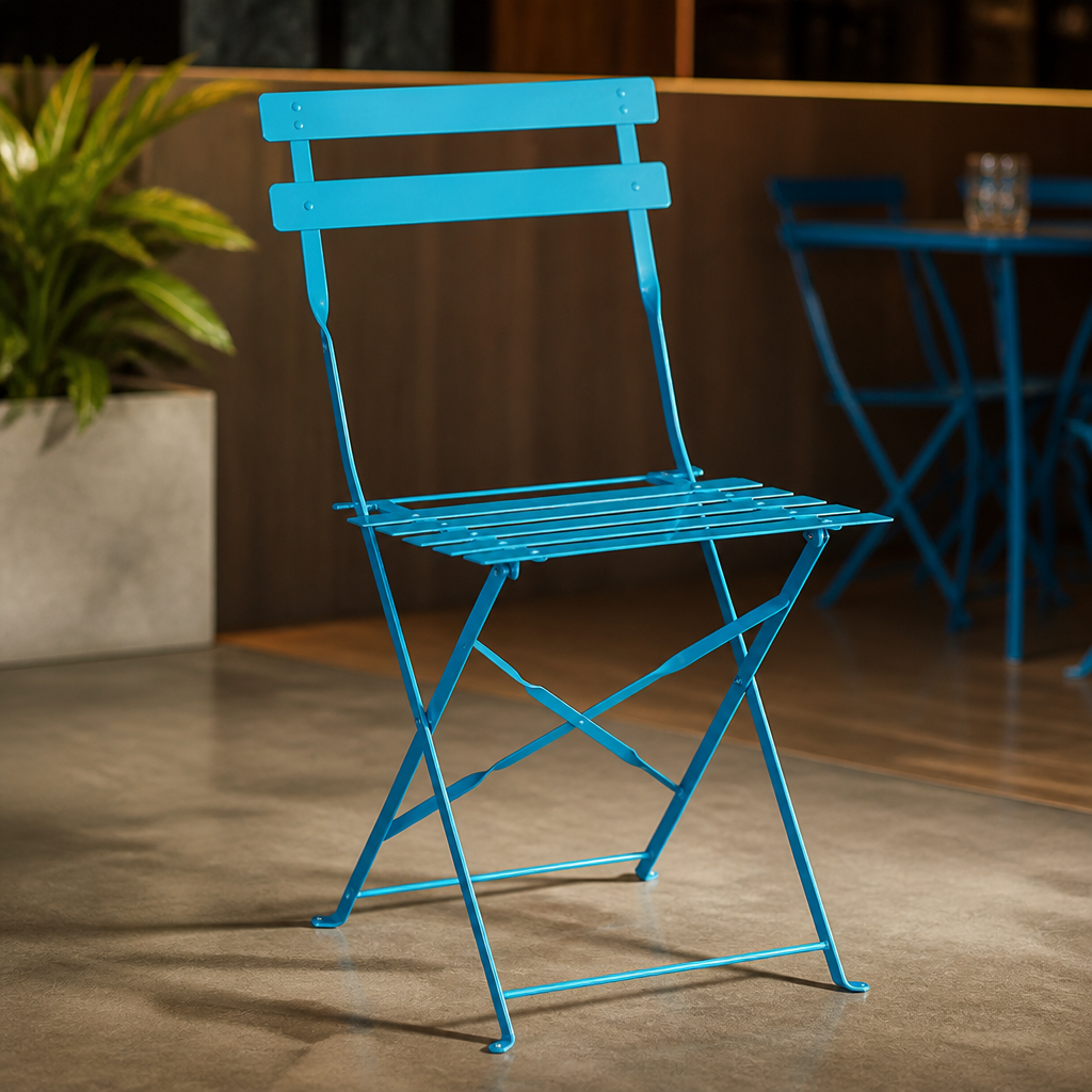Set of 2 blue commercial folding chairs for outdoor seating