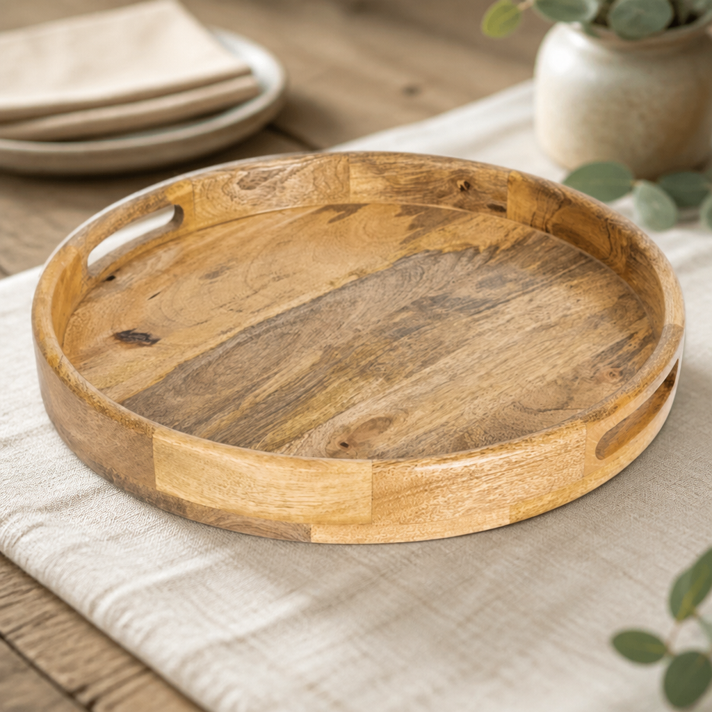 Commercial Mango Wood Round Deep Sided Serving Tray 400mm