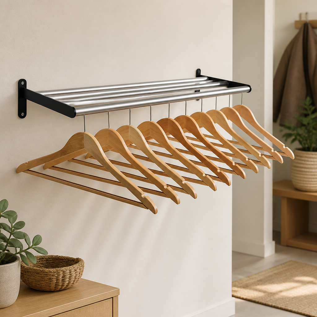Commercial Wall-Mounted Coat Rack with 10 Wooden Hangers