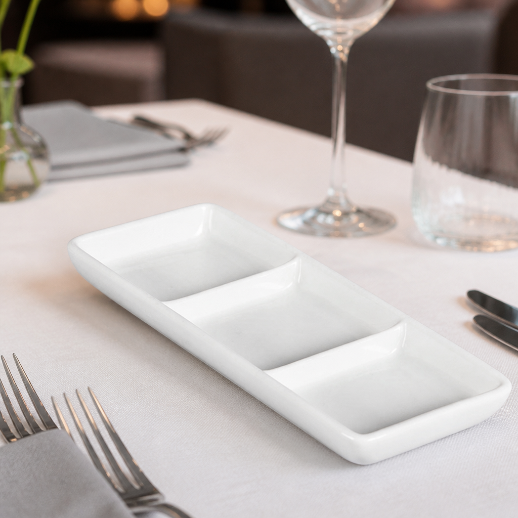 Commercial 3 Section Tapas Dishes - Vitrified Porcelain 12 Pack