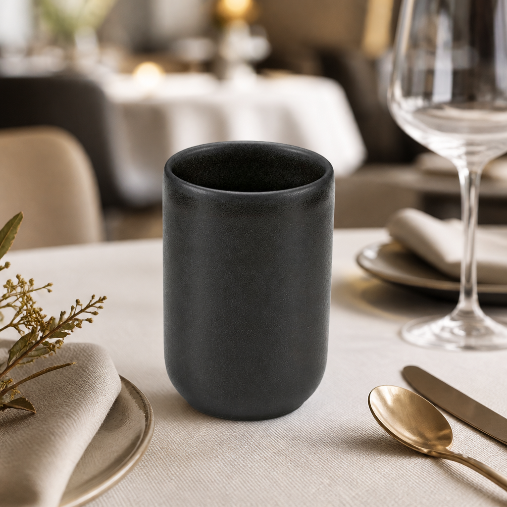 Set of 6 handleless black mugs 380ml for commercial use