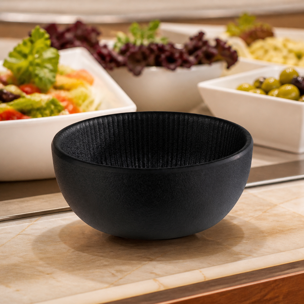 Black 85mm melamine bowl, 100ml, dishwasher safe