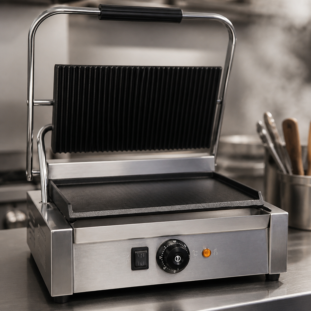 Commercial Contact Grill with Ribbed Top and Flat Base Plates