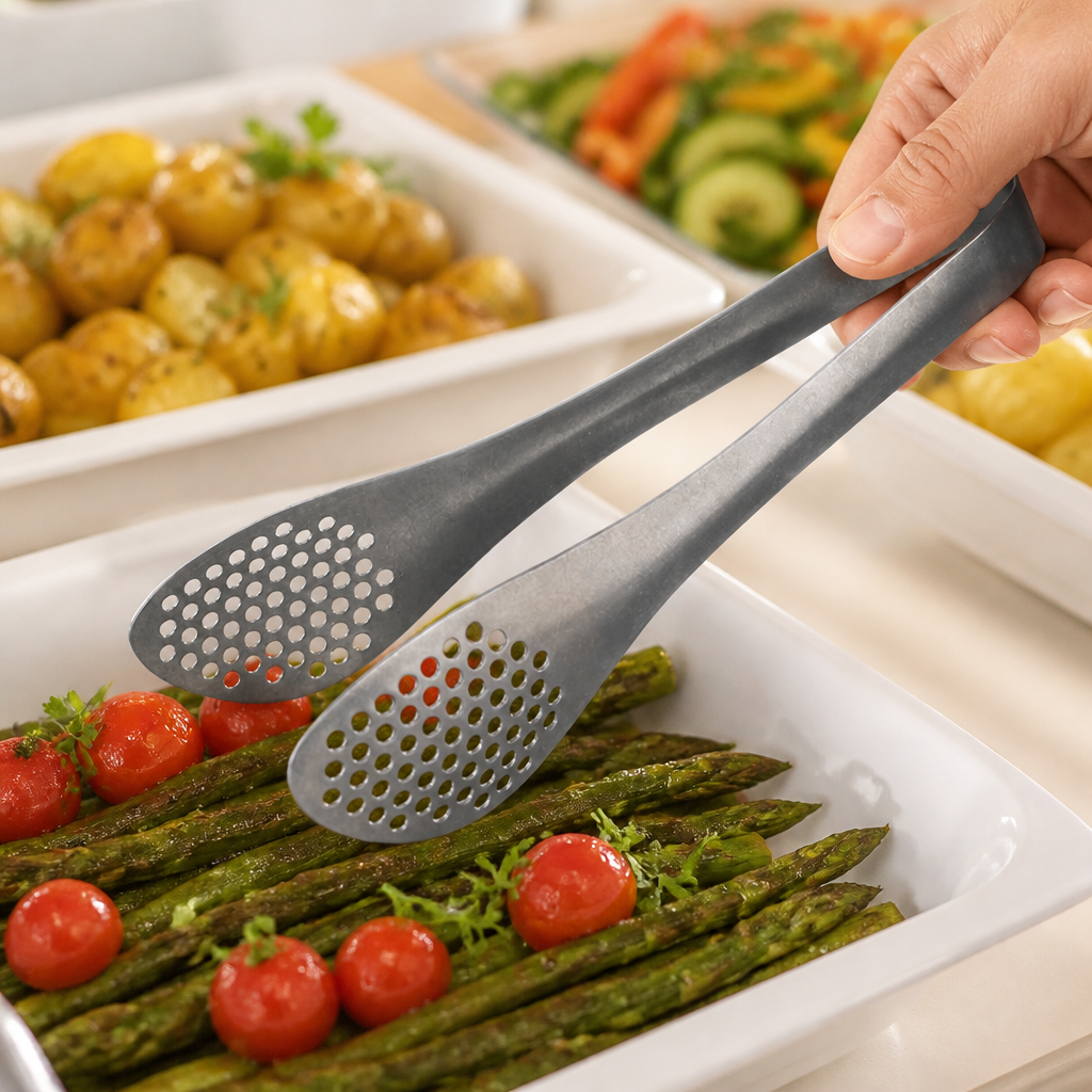 225mm stainless steel perforated tongs for food service