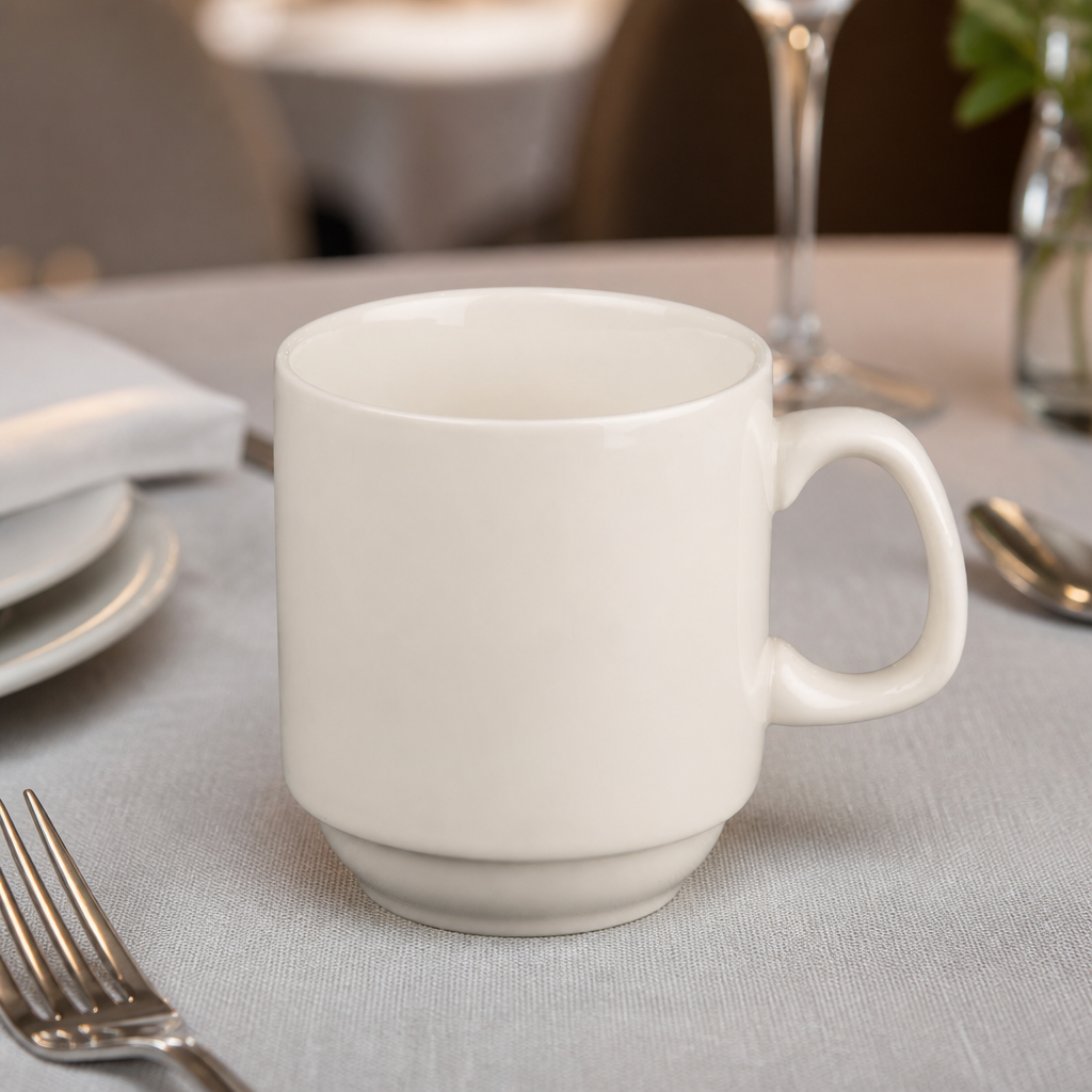 Set of 12 ivory porcelain stacking mugs 285ml