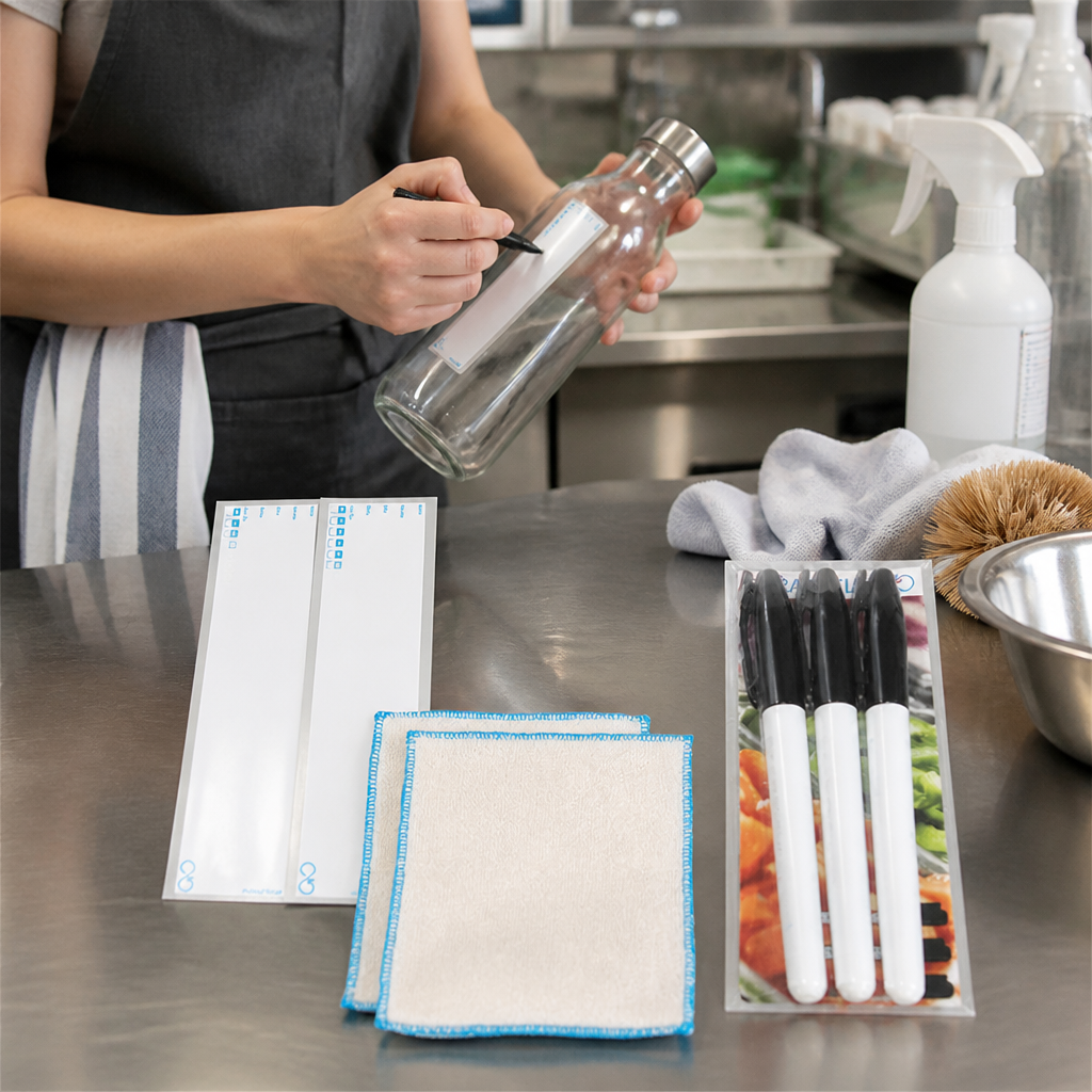 Reusable Day Bottle Label Pack with Cloths and Pens