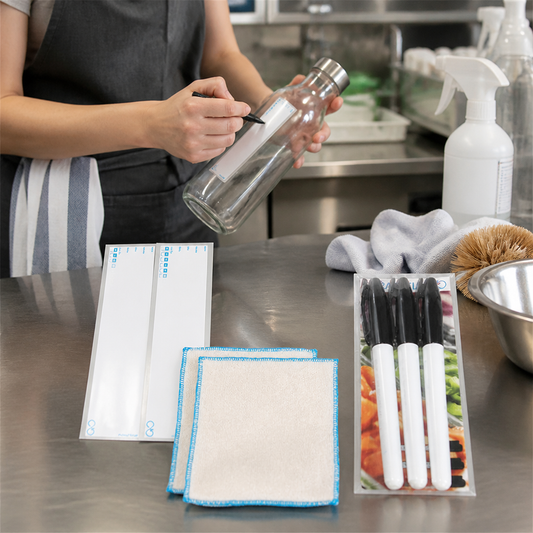 Reusable Day Bottle Label Pack with Cloths and Pens