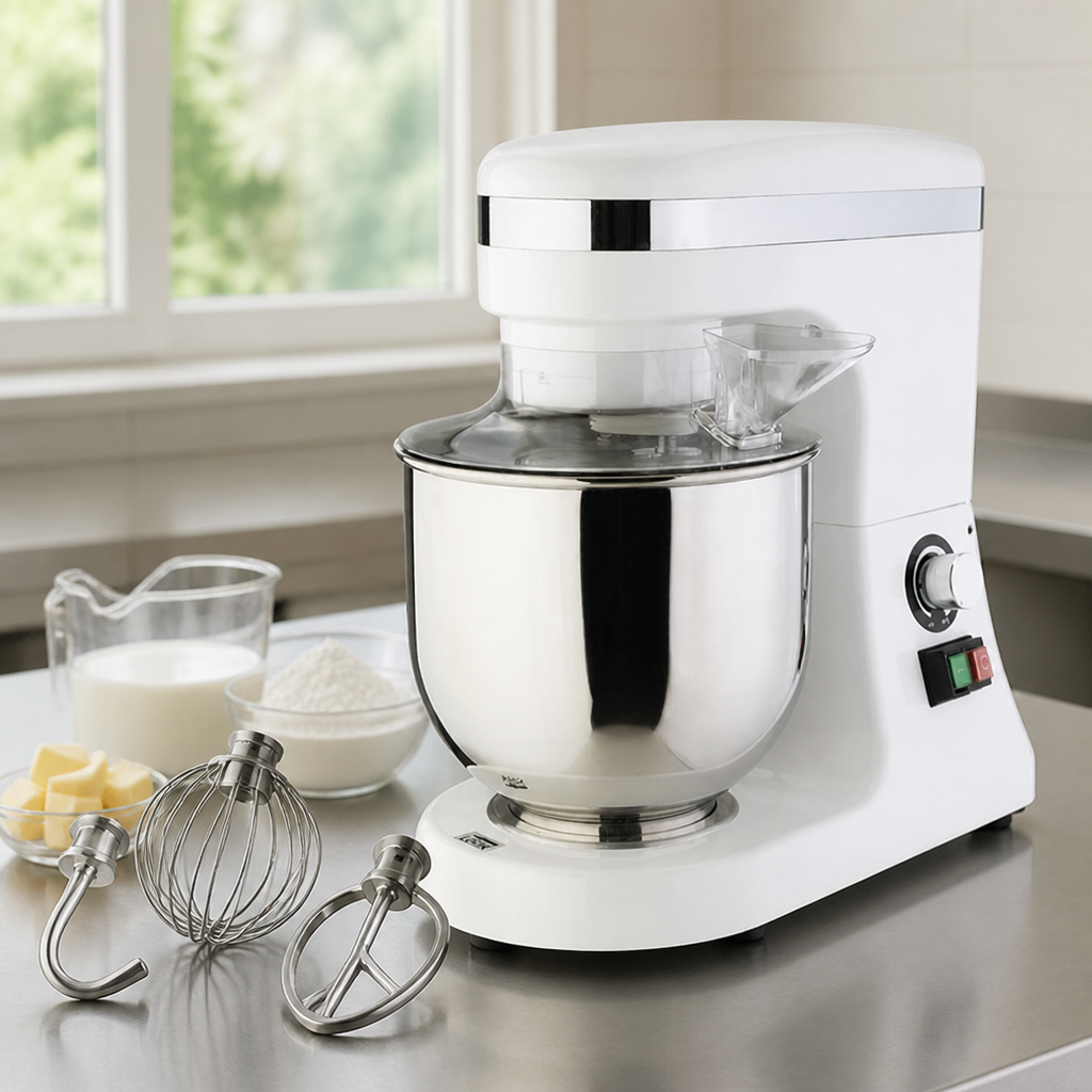 7L Commercial Planetary Mixer with beater, whisk, and dough hook