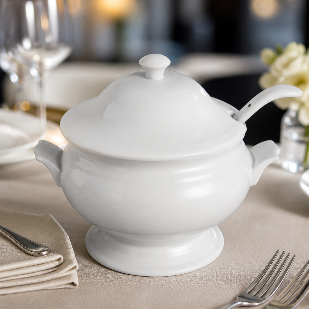 Commercial Soup Tureen with Ladle 2.5L Capacity Ceramic Bowl