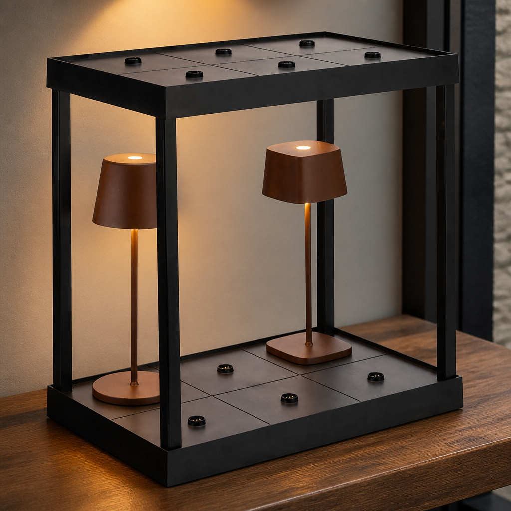 Charging shelf for 6 cordless lamps in commercial settings