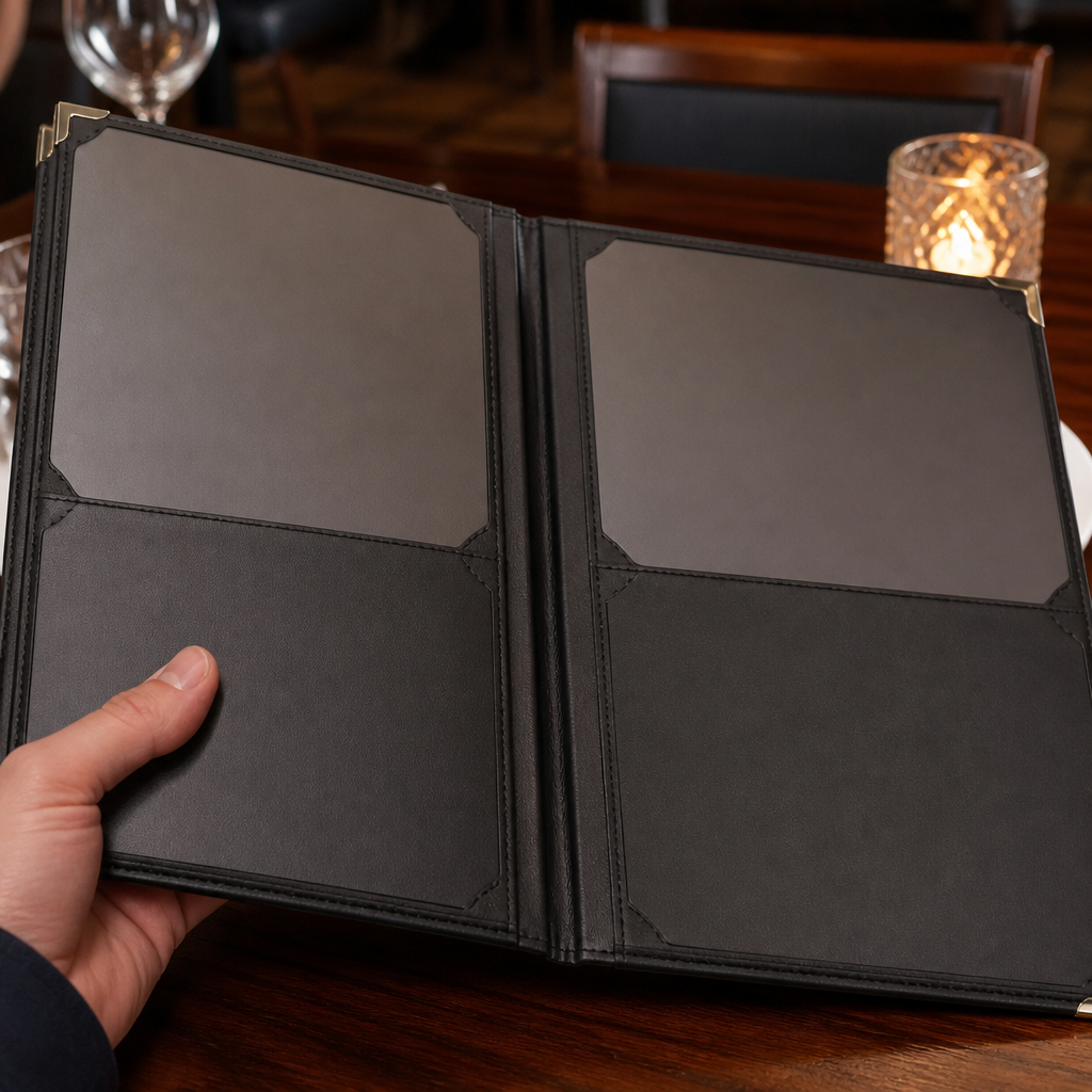 Black Faux Leather Menu Cover for restaurants and cafes
