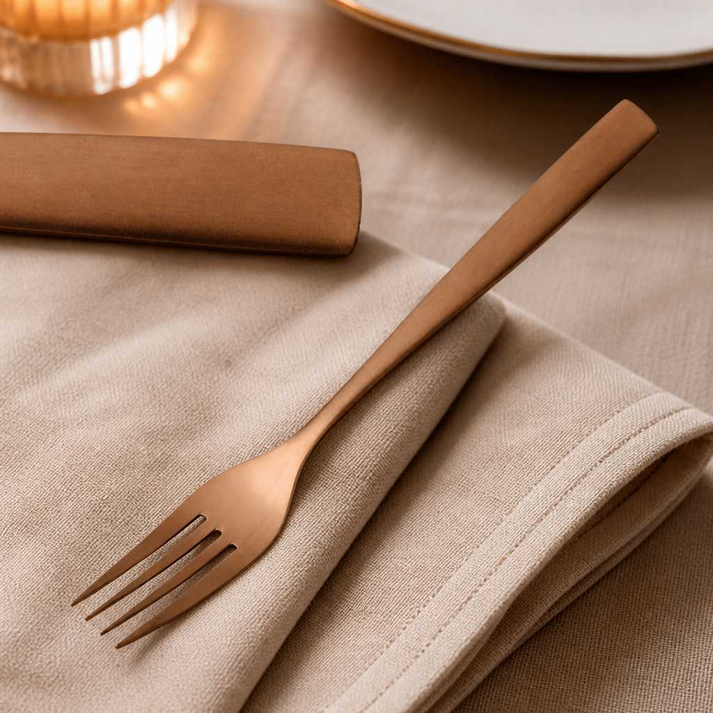 Set of 12 commercial copper dessert forks for dining presentation