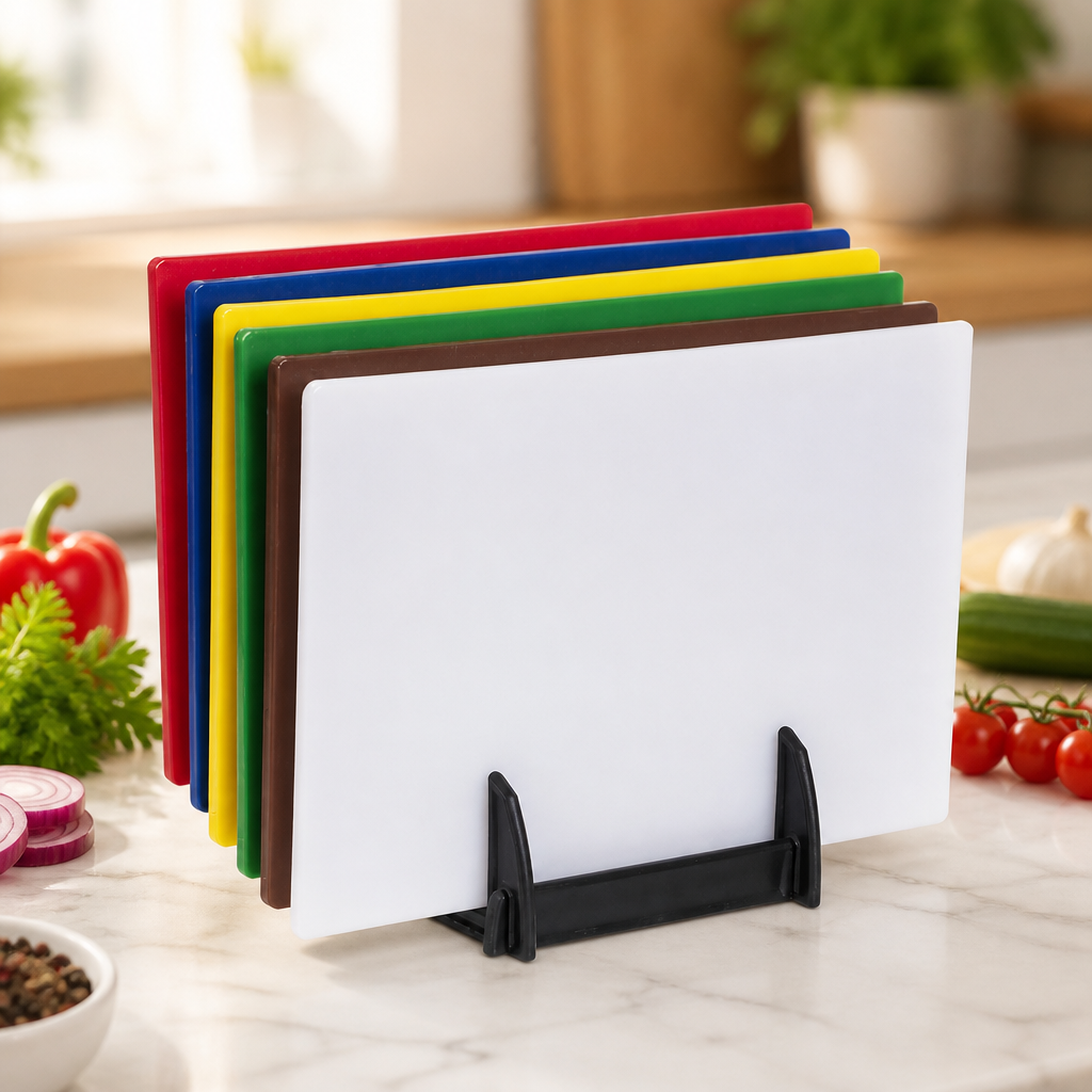 Commercial plastic chopping board set with storage rack 450x300mm