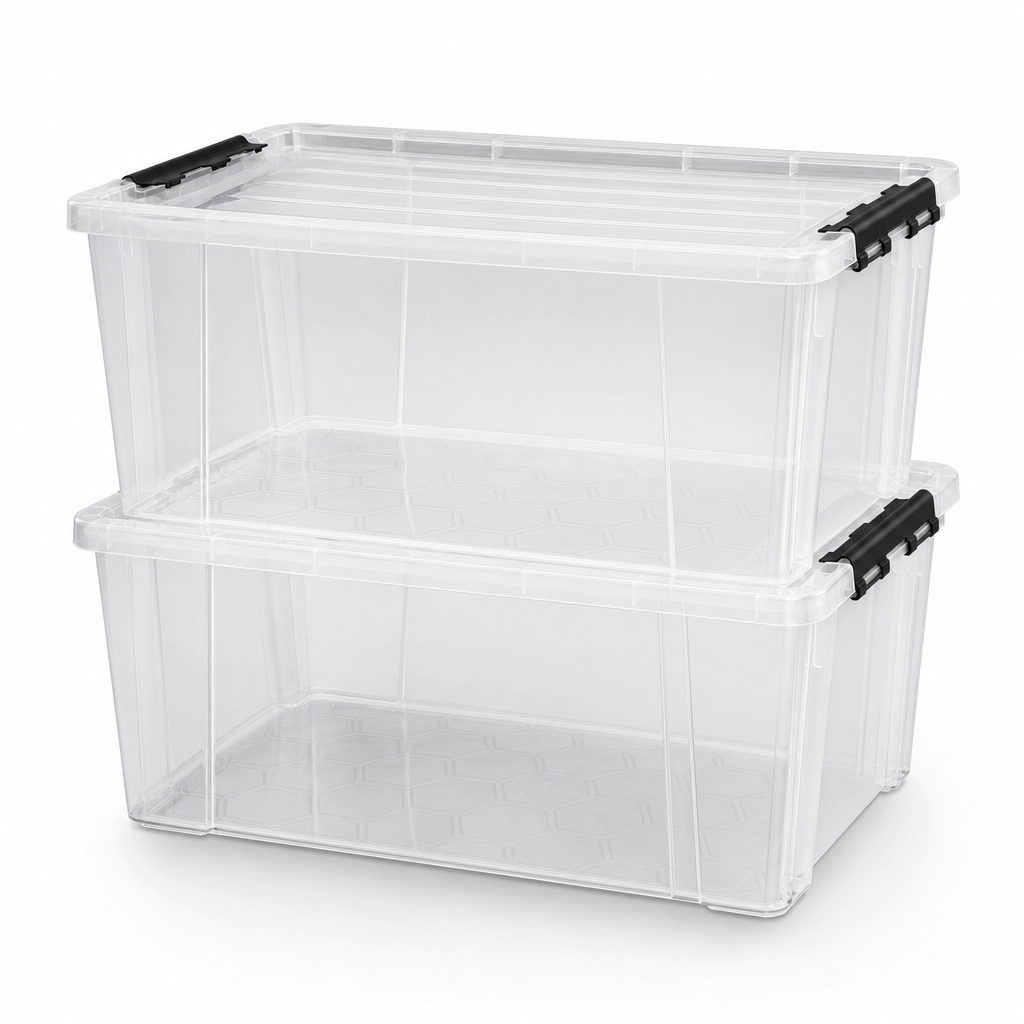 65L Heavy Duty Clear Plastic Storage Boxes Pack of 2