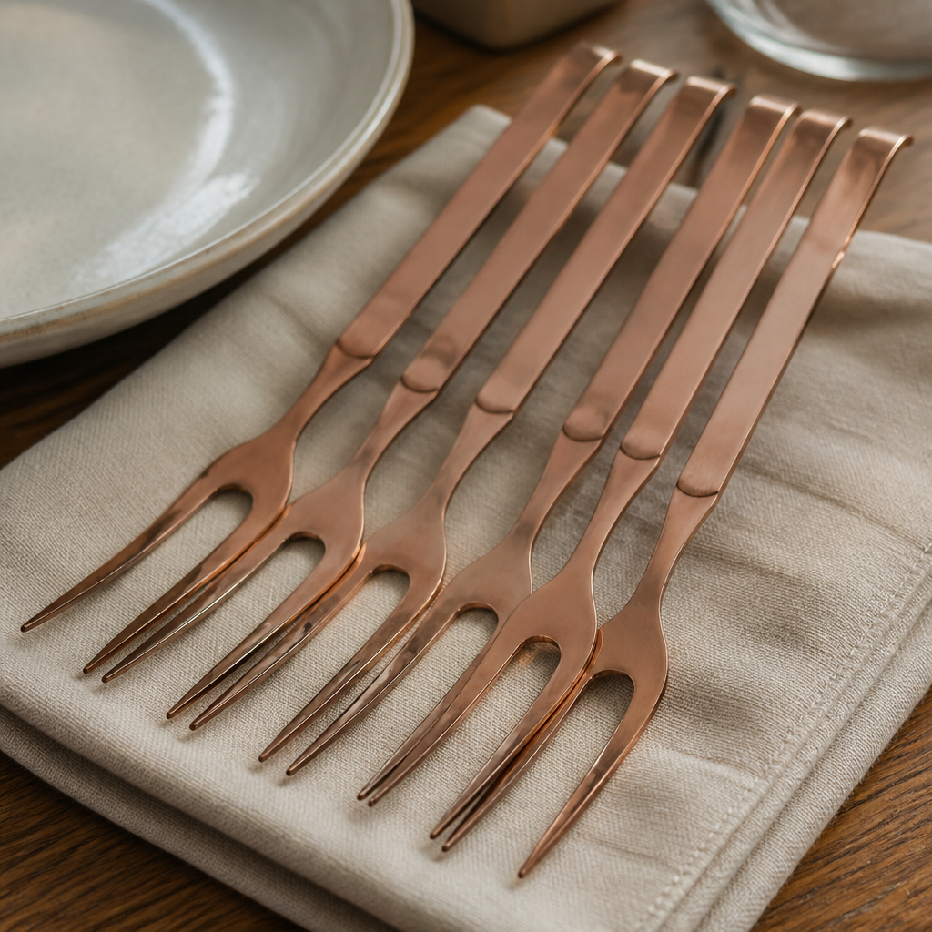 Set of 6 copper finish meat serving forks for dining
