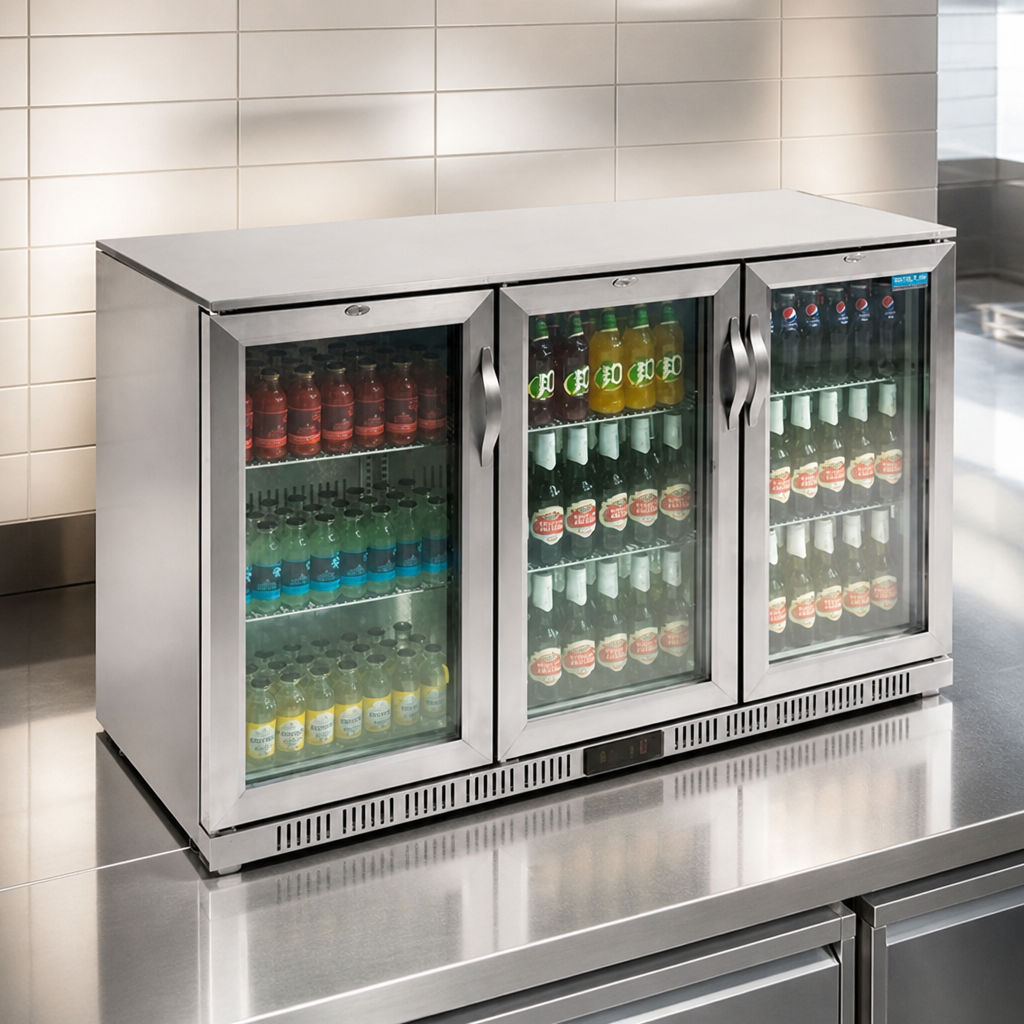 Commercial Back Bar Cooler 330Ltr with stainless steel hinged doors