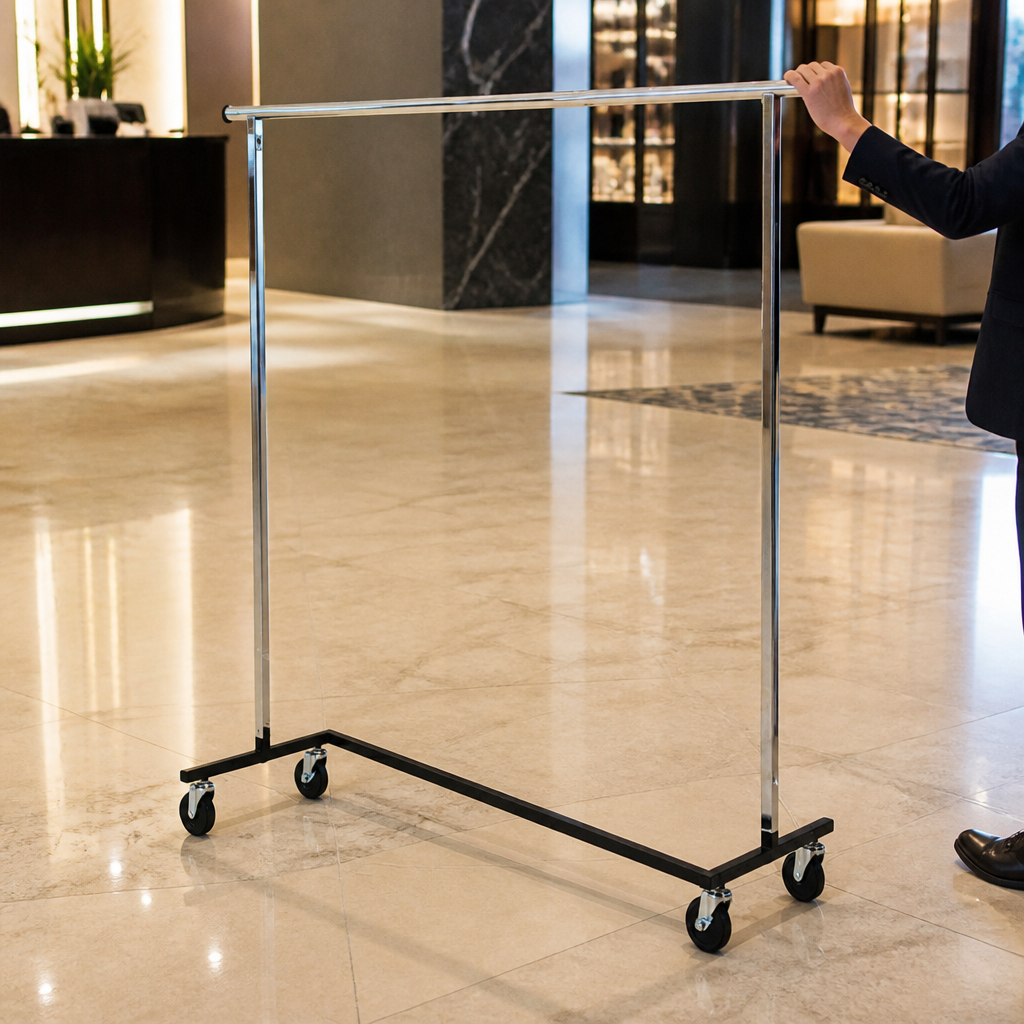 1550mm commercial garment rail with castors for easy mobility