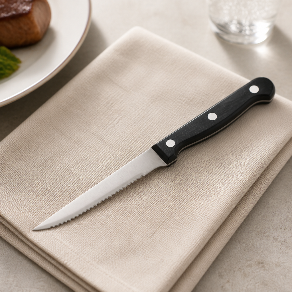 Commercial Serrated Steak Knives with Black Handles - 12 Pack