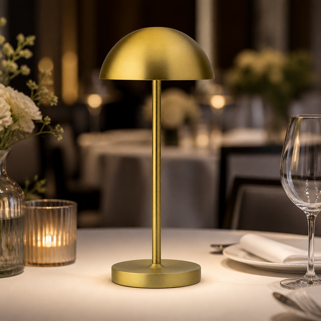 Pack of six cordless LED table lamps in brushed gold