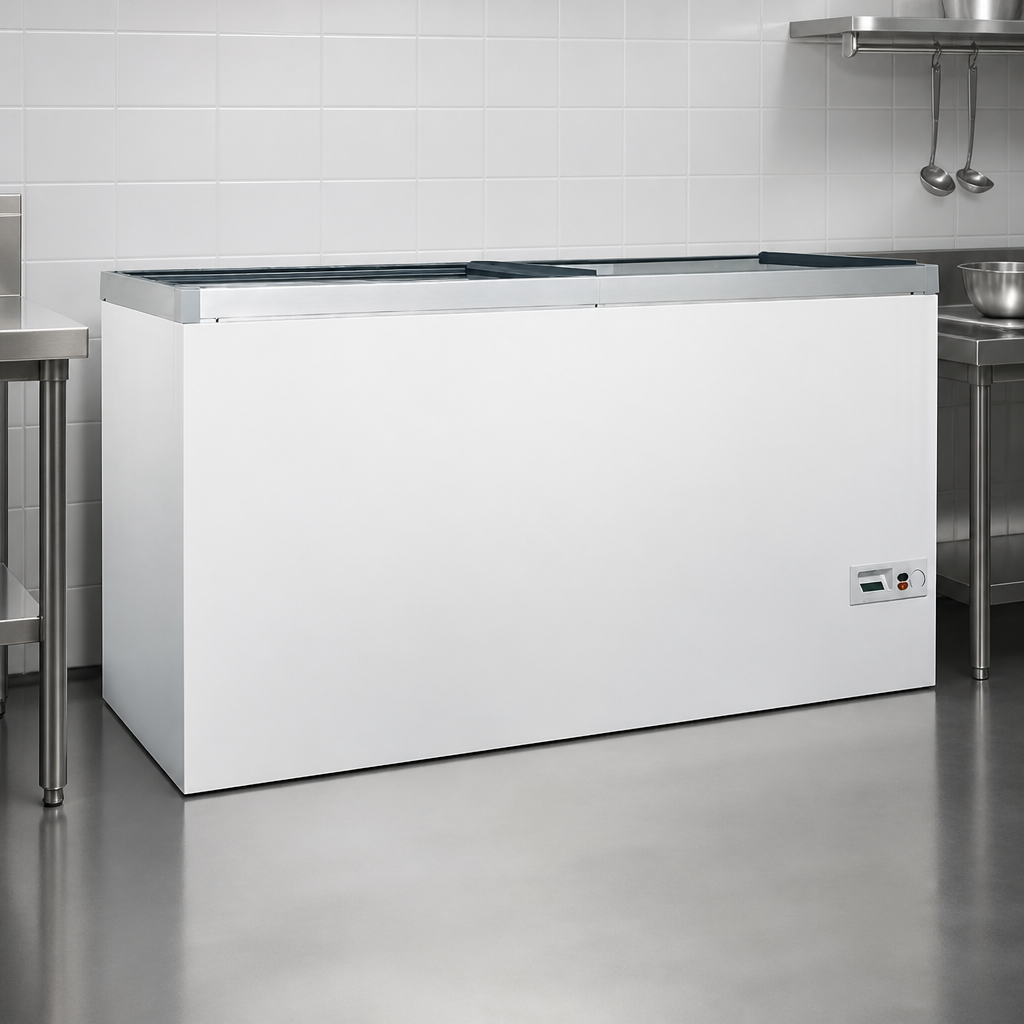 Commercial glass door freezer with 492L capacity