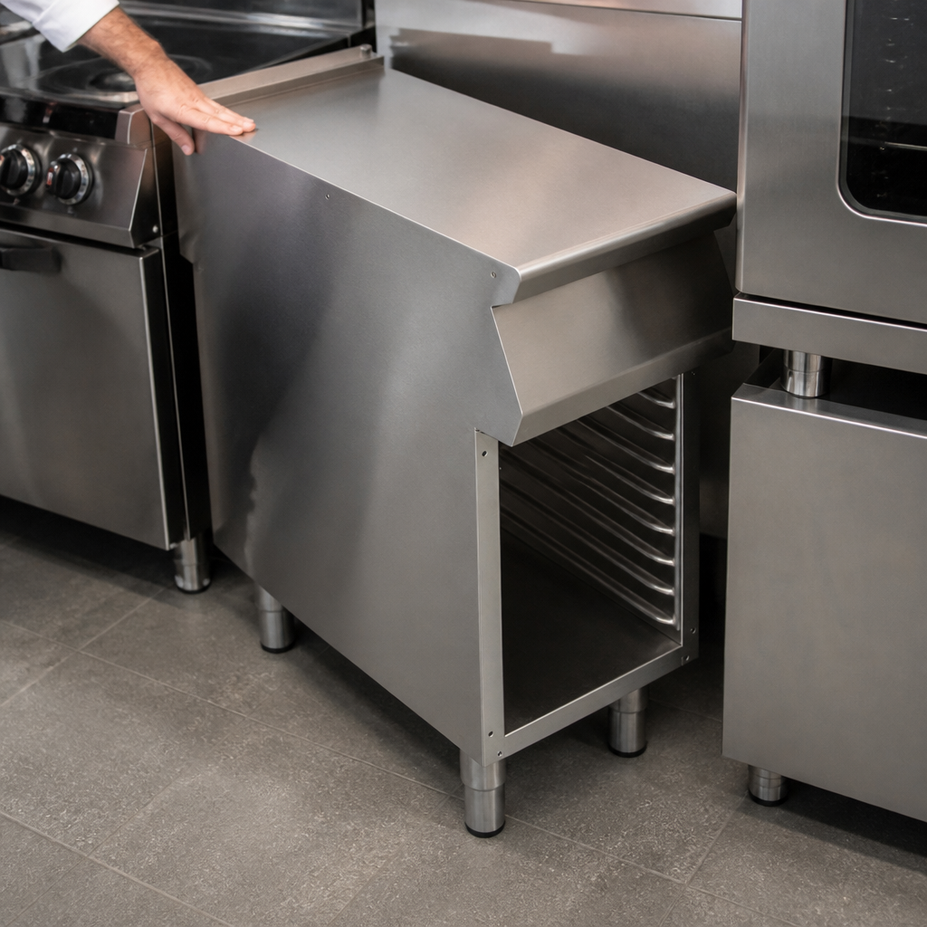 Commercial open cabinet with pressed runners, 910mm high