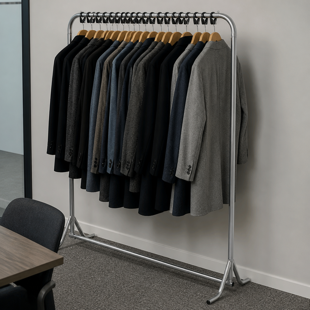 Commercial cloakroom coat rack with 20 wooden hangers