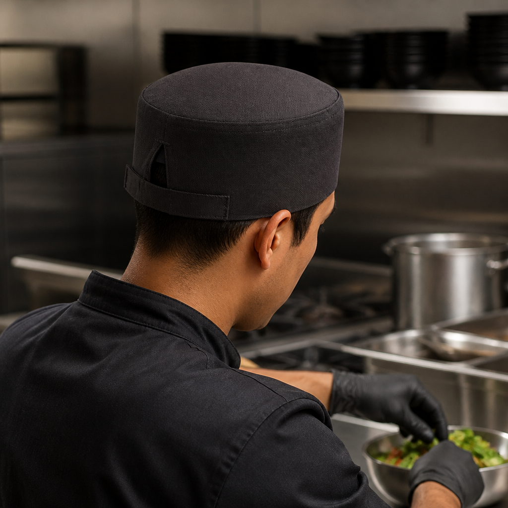 Commercial Cool Vent Beanie in black, eco-friendly headwear for chefs.