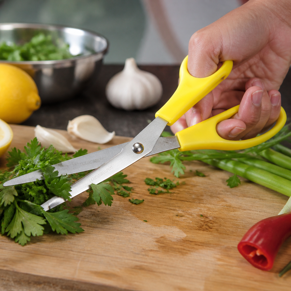 Yellow colour coded commercial kitchen scissors for food safety